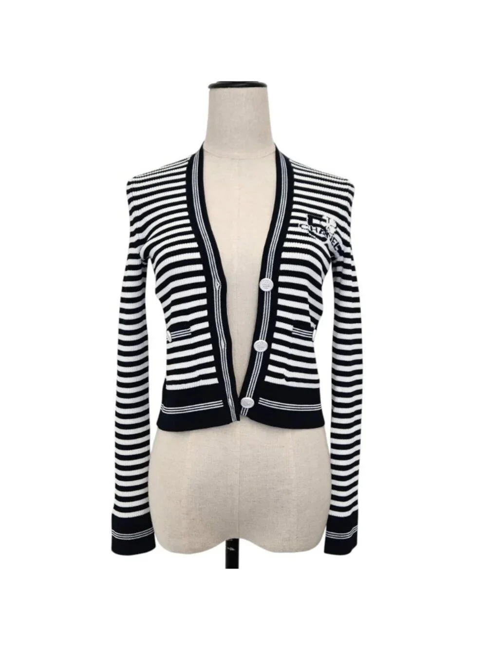 Chanel Marine Stripe Knit Cardigan Navy White